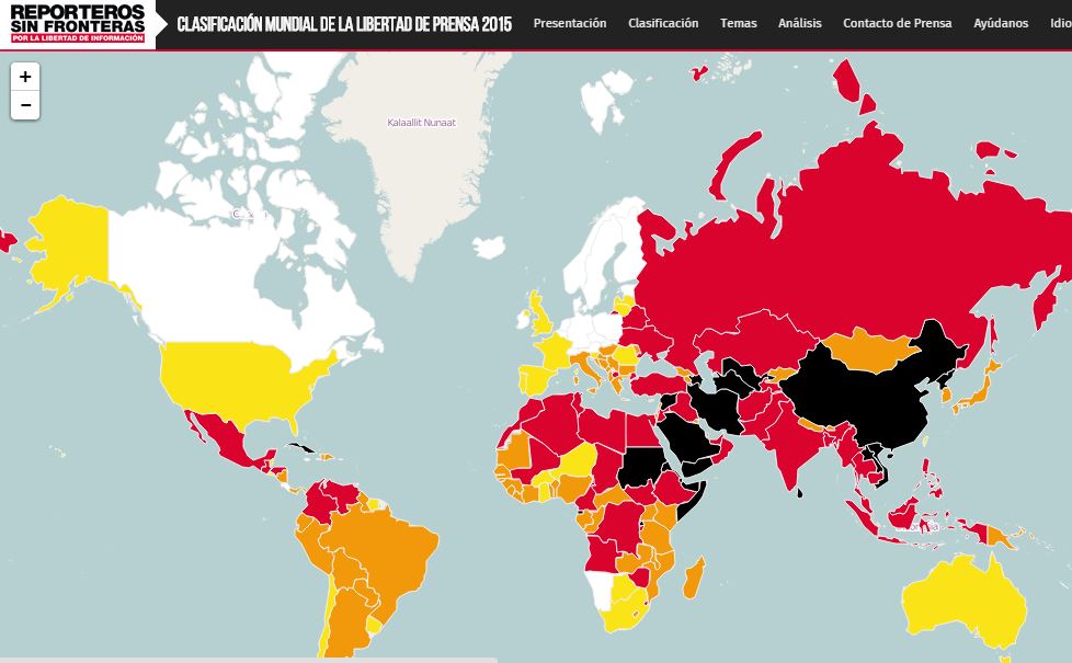 Darker colors mean more danger for journalists on the RWB map of global press freedom.