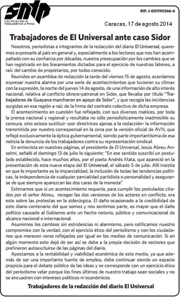 El Universal press release on the Sidor case.