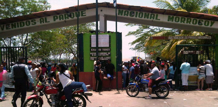 Protestors gather on Friday at the gate to Morrocoy National Park in Falcón, Venezuela.