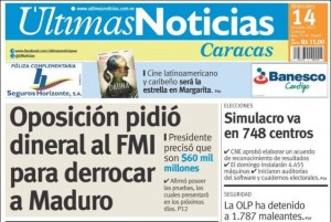 Pro-government newspaper Últimas Noticias echoed Maduro’s accusations. (Kiosko.net)